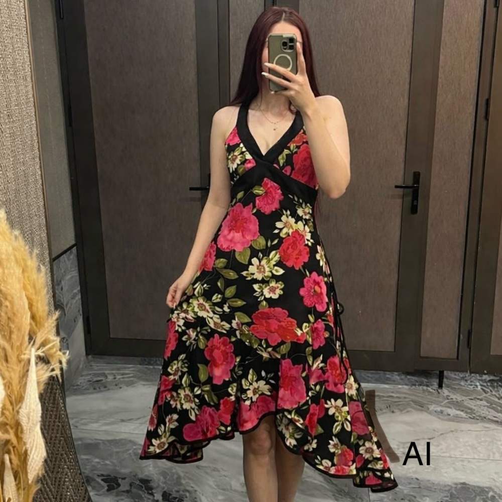 #1 Black dress with flowers custom  made in Kyrgyzstan.  See pictures for sizing